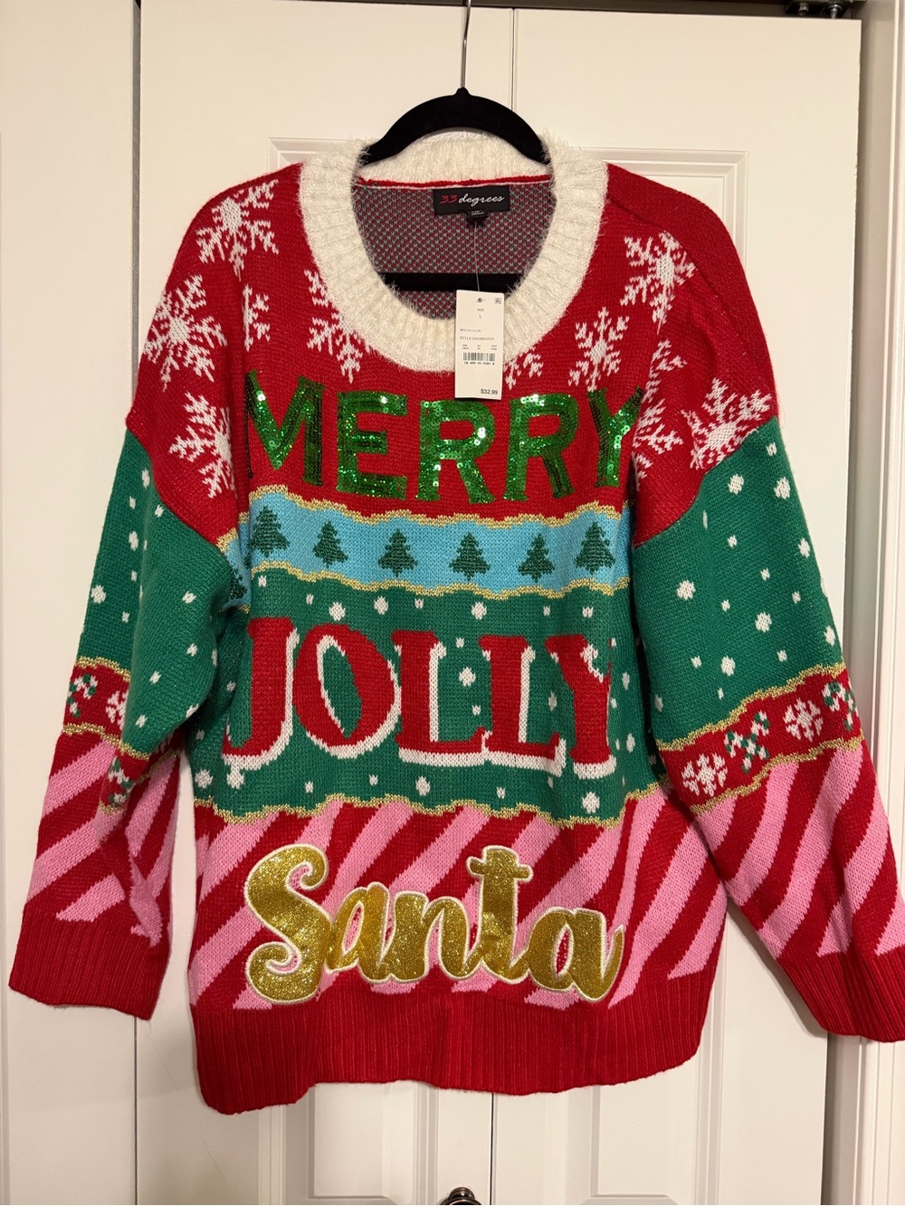 Ugly Christmas Sweater 33 Degrees Merry Jolly Santa Adult L Embroidered Sparkle